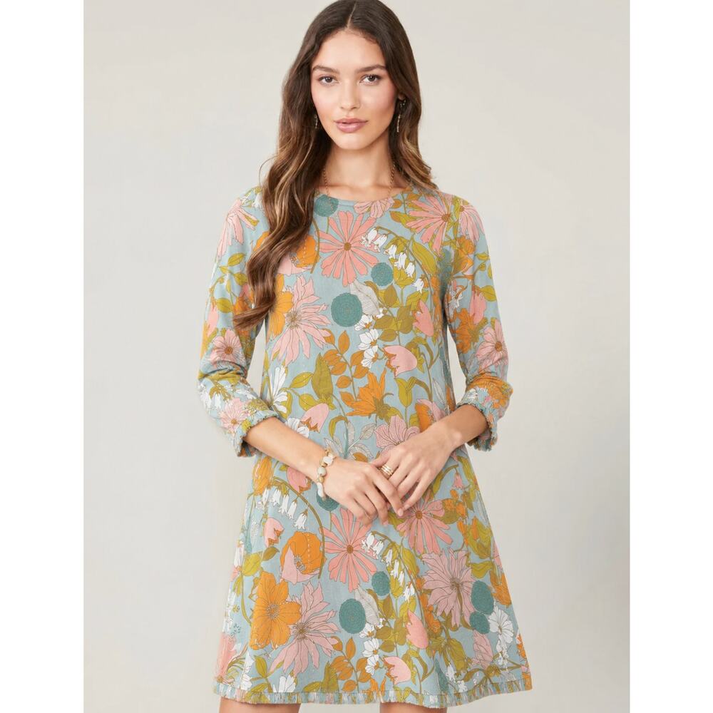 Spartina 449 Island Fringe Mini Dress Womens S Brighton Blue Floral 3/4 Sleeves